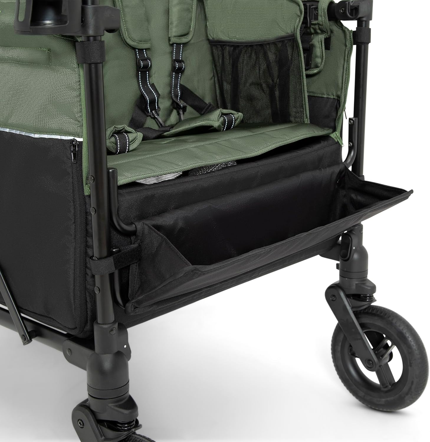 Delta Children - Jeep Wrangler Deluxe 4 Seater Stroller Wagon - Premium Quad Stroller Wagon for 4 Kids with Convertible Seats, Adjustable Push/Pull Handles, Removable Canopy & Flat Fold, Black/Green