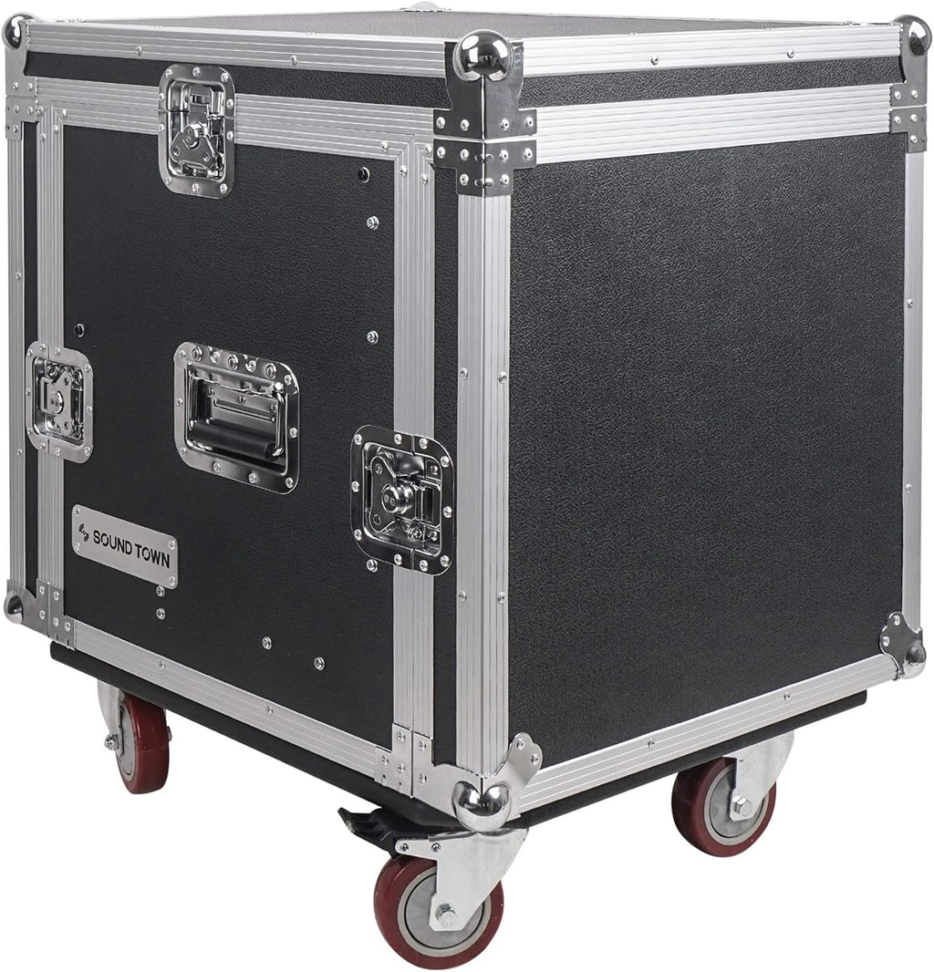 Sound Town 10U PA DJ Pro Audio Rack/Road ATA Case with 2U Drawer, 11U Slant Mixer Top, DJ Work Table, Casters, Pro Tour Grade (MR-DR10U)