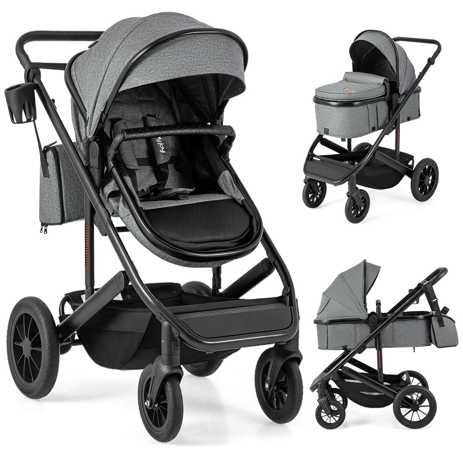 BABY JOY 2 in 1 Convertible Baby Stroller, High Landscape with Bassinet Mode, Reversible Seat, Adjustable Canopy, Cup Holder, Diaper Bag, Foldable Infant Newborn Pram Stroller for 0-36 Months (Gray)