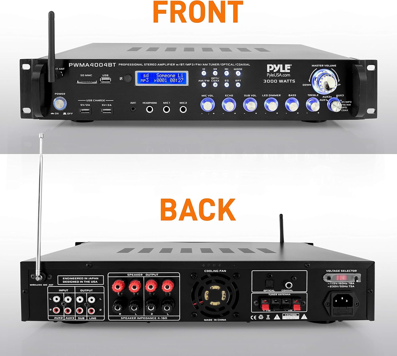 Pyle Bluetooth Multi-Channel Hybrid Pre-Amplifier System - 3000W Home Audio Rack Mount Stereo Power Amplifier Receiver w/ Radio, USB, UHF, Dual Wireless Karaoke mic, Speaker Sound System - PWMA4004BT