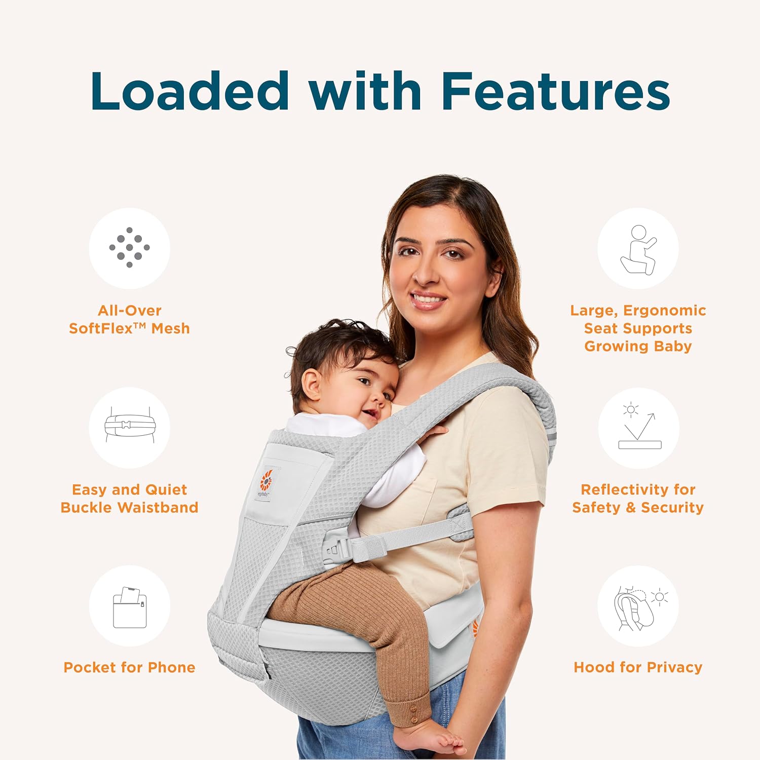 Ergobaby Alta Hip Seat Baby Carrier for Babies & Toddlers 4-48 Months (12-45 lbs) - 3-Position Convertible Ergonomic Baby Carrier with Storage Pocket, Sun Hood, Hip-Healthy Positioning - Camel