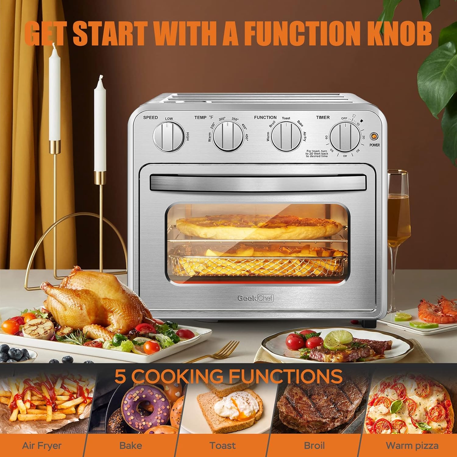 Geek Chef Air Fryer Toaster Oven Combo, 16QT 5-in-1 Toaster Ovens Countertop, Convection AirFryer with Bake, Air fryer & Toaster, Broil and Warm Functions, Stainless Steel Easy Oven for Wonder Meals