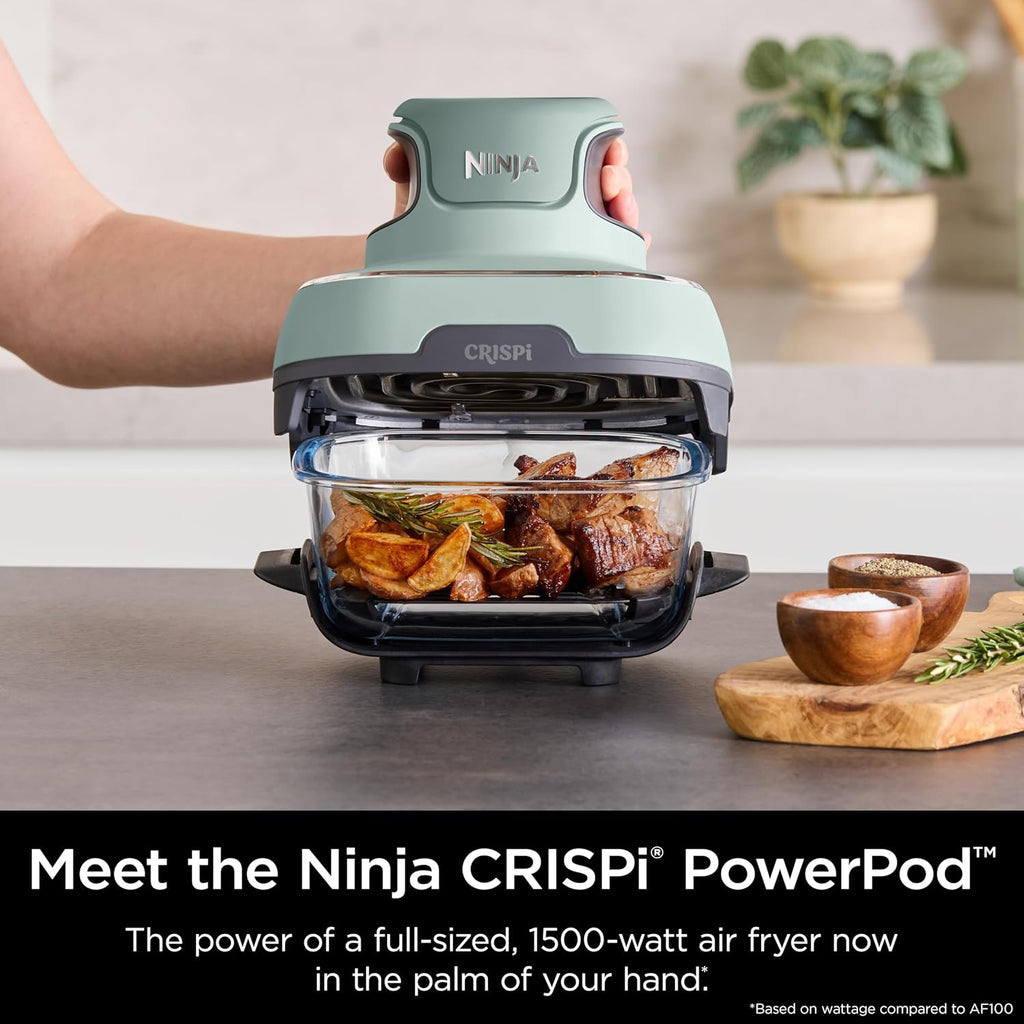 Ninja Crispi Air Fryer, Microwave, Freezer & Dishwasher Safe, Non Toxic Glass Portable Cooking System, 4 QT & 6 Cup Glass Containers with Storage Lids, Easy Meals, Air Fry, Bake, Green (Renewed)
