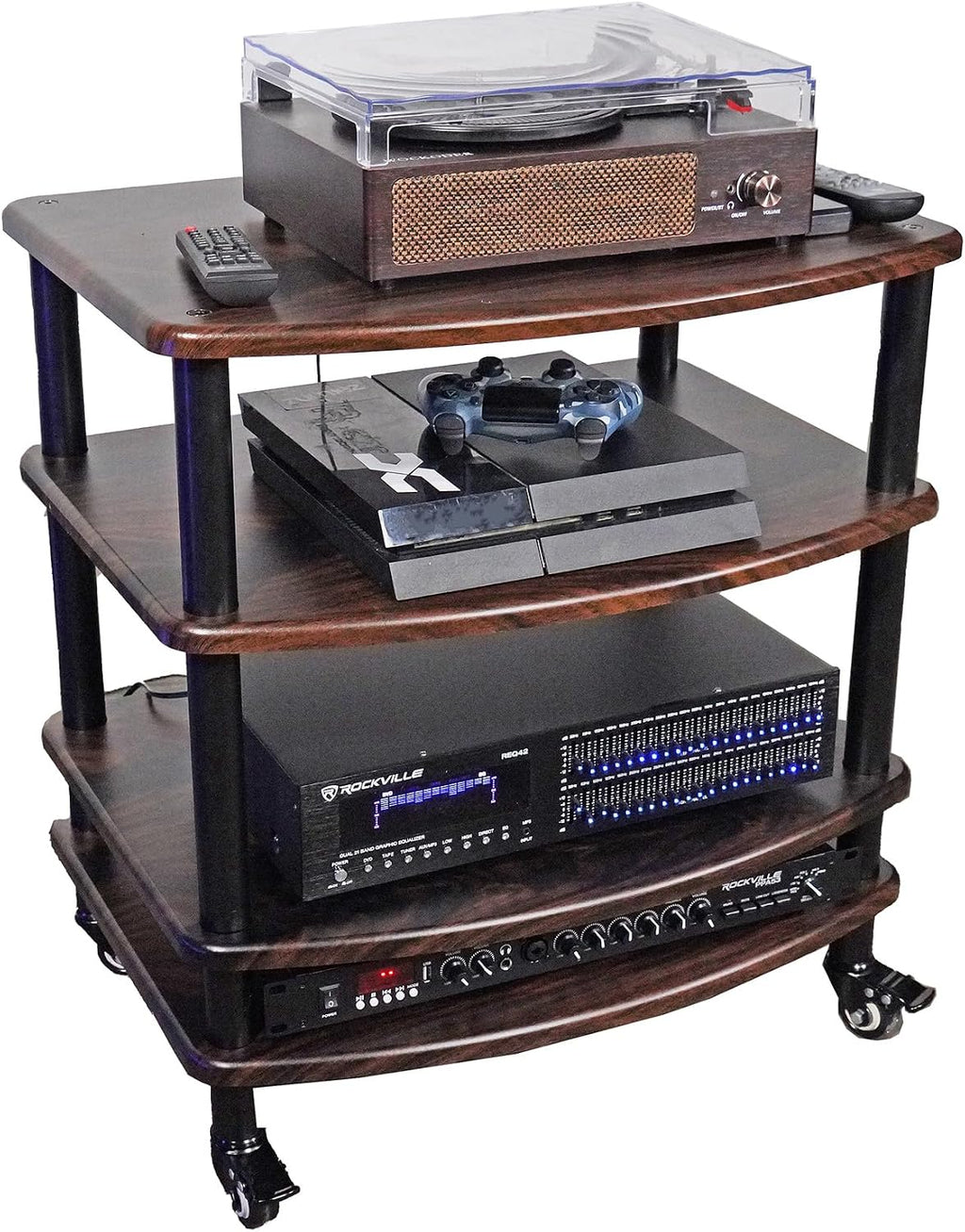 Rockville FLX Dark Wood Adjustable Height 4 Shelf Home Theater Audio Rack Stand, 24'x18', 300lb Limit, Steel Tubes, Perfect for Home Theaters, Studios