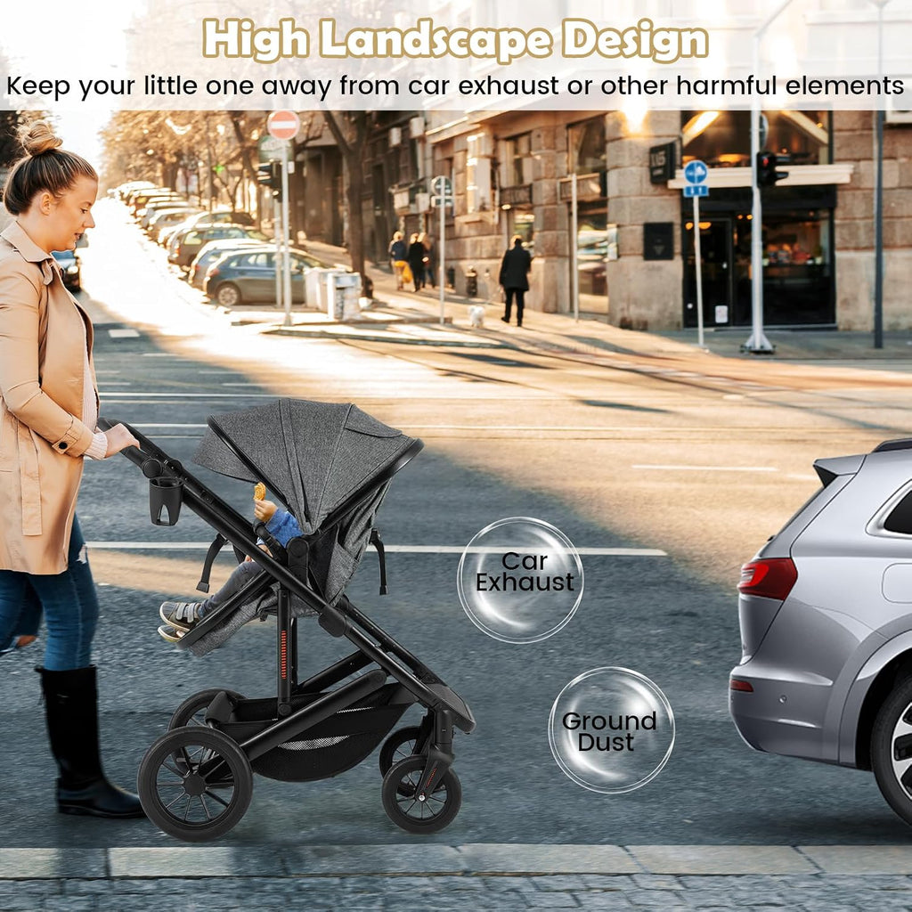 BABY JOY 2 in 1 Convertible Baby Stroller, High Landscape with Bassinet Mode, Reversible Seat, Adjustable Canopy, Cup Holder, Diaper Bag, Foldable Infant Newborn Pram Stroller for 0-36 Months (Gray)