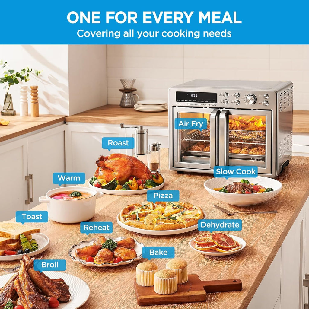 Midea Flexify Classic French Door Toaster Oven Air Fryer Combo, 10-in-1 Large Capacity 26.4 QT Countertop Oven, 25% Faster Cooking and 90% Less Oil, Stainless Steel