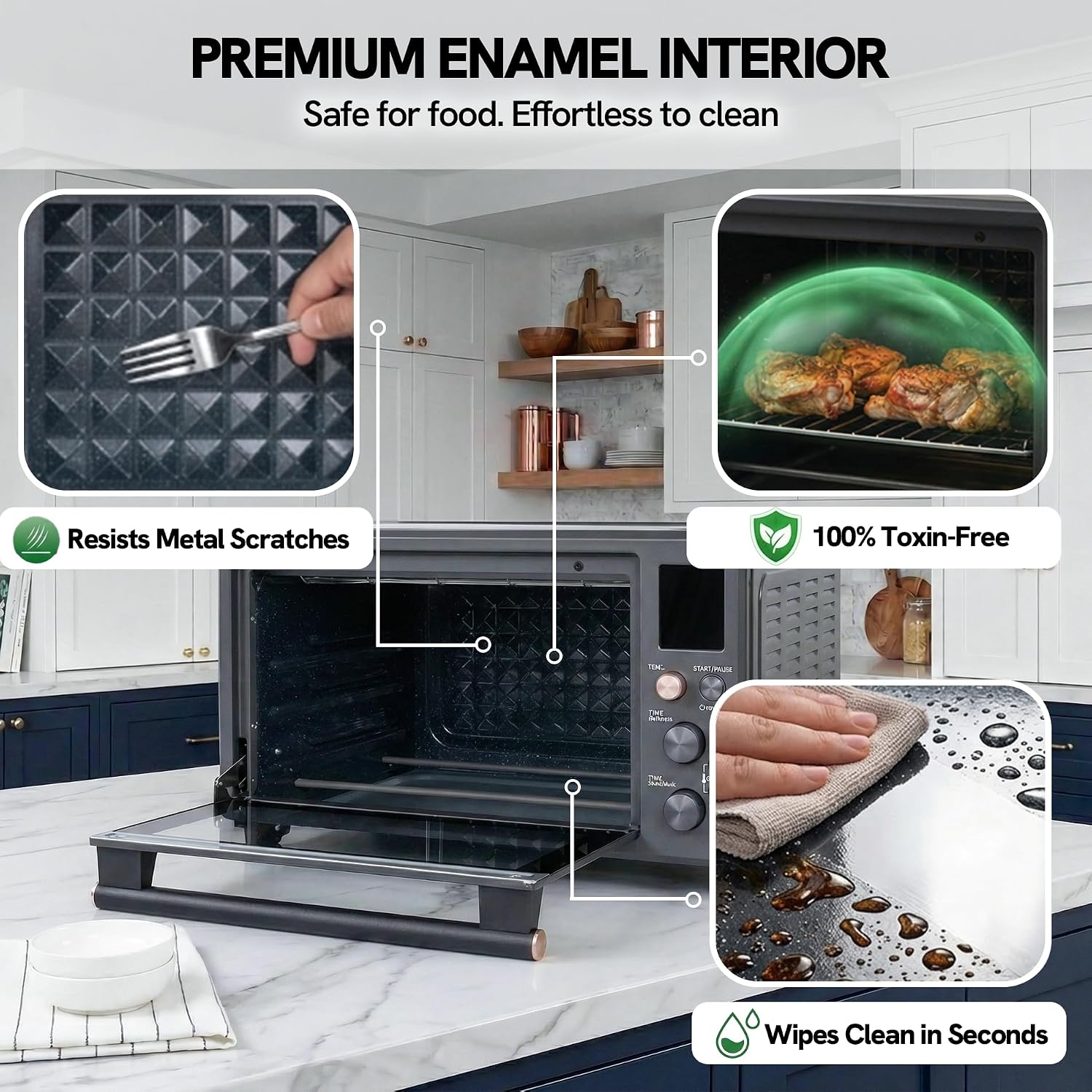 VAL CUCINA Non-Toxic Enamel Interior Air Fryer Toaster Oven Combo, 26.3 QT Countertop Convection Oven 10-in-1, Infrared Heating, Fits 12' Pizza & 6-Slice Toast, Easy Clean Enamel Baking Pan Included