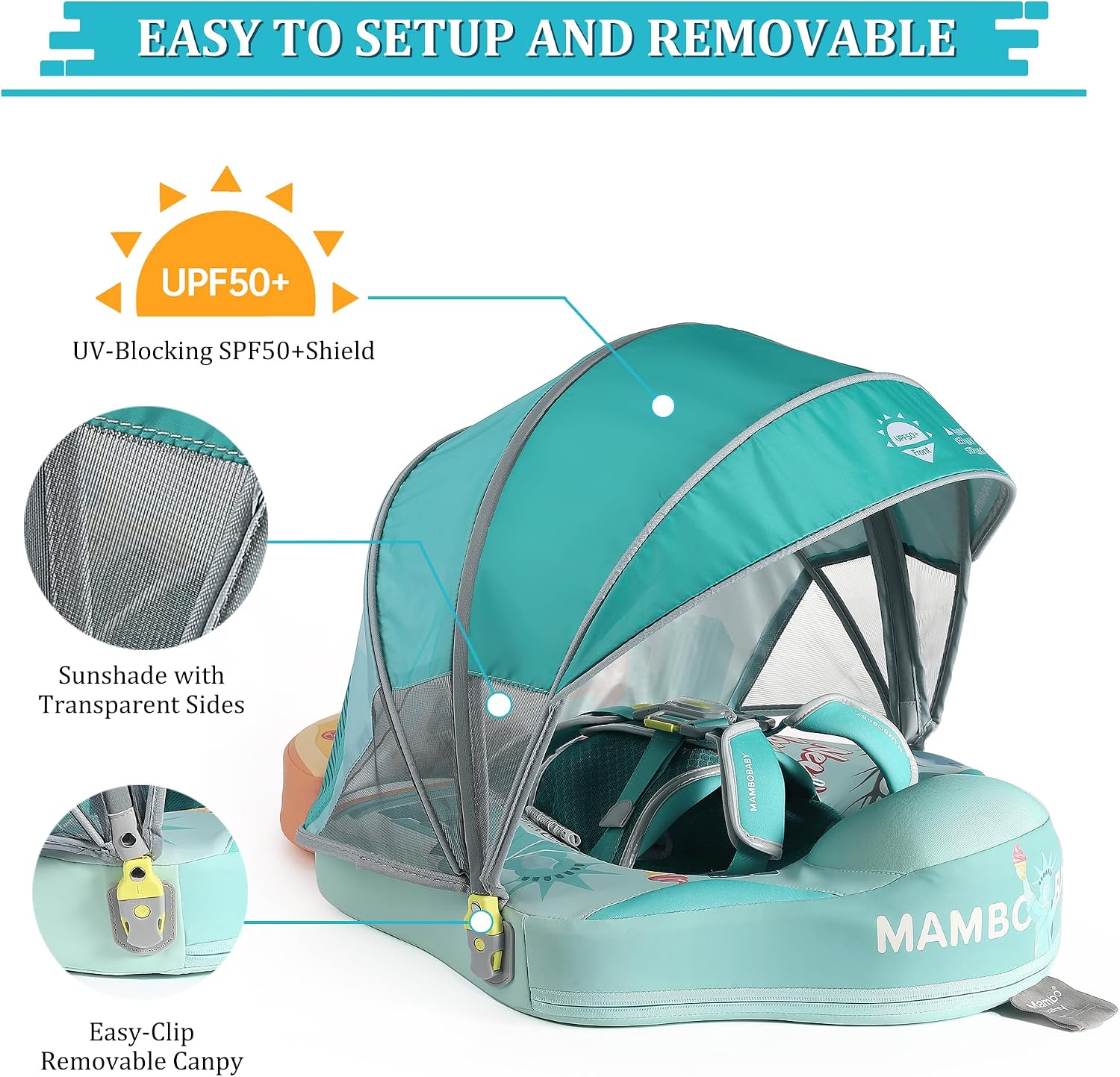 Mambobaby Float Deluxe Baby Pool Float: Safe & Comfortable Swim Trainer for Infants & Toddlers, Non-Inflatable Design, UV Protection Canopy, Fun Water Experience for Ages 3-24 Months