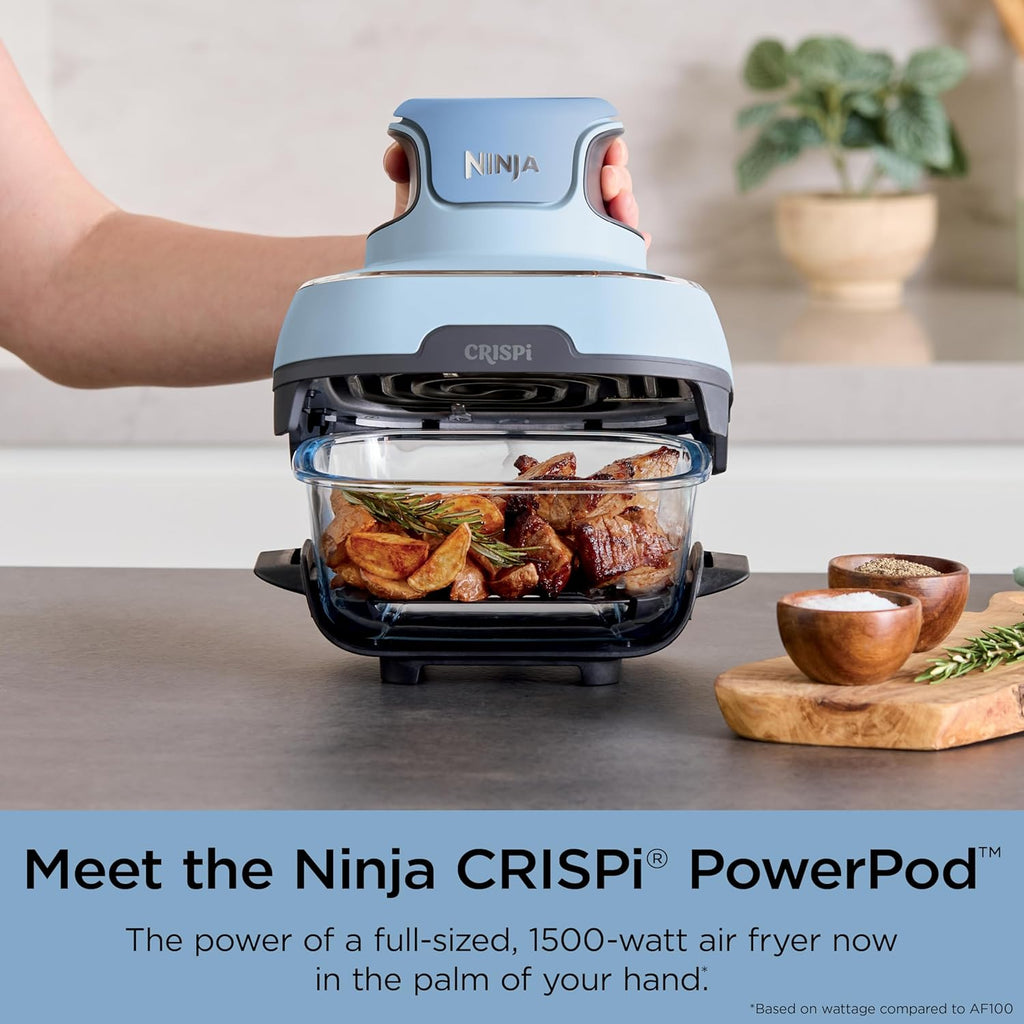 Ninja Crispi Air Fryer, Microwave, Freezer & Dishwasher Safe, Non Toxic Glass Portable Cooking System, 4 QT & 6 Cup Glass Containers with Storage Lids, Easy Meals, Air Fry, Bake, Periwinkle (Renewed)