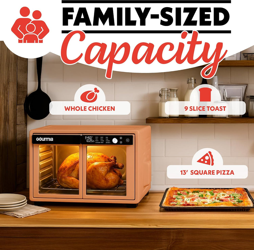 Gourmia French Door Air Fryer Oven - 37 Qt Large Capacity Convection Toaster Oven, FryForce 360°, Digital Display, 12 Cooking Presets, Dehydrate, Fits 13' Pizza, Dishwasher-Safe, Peach