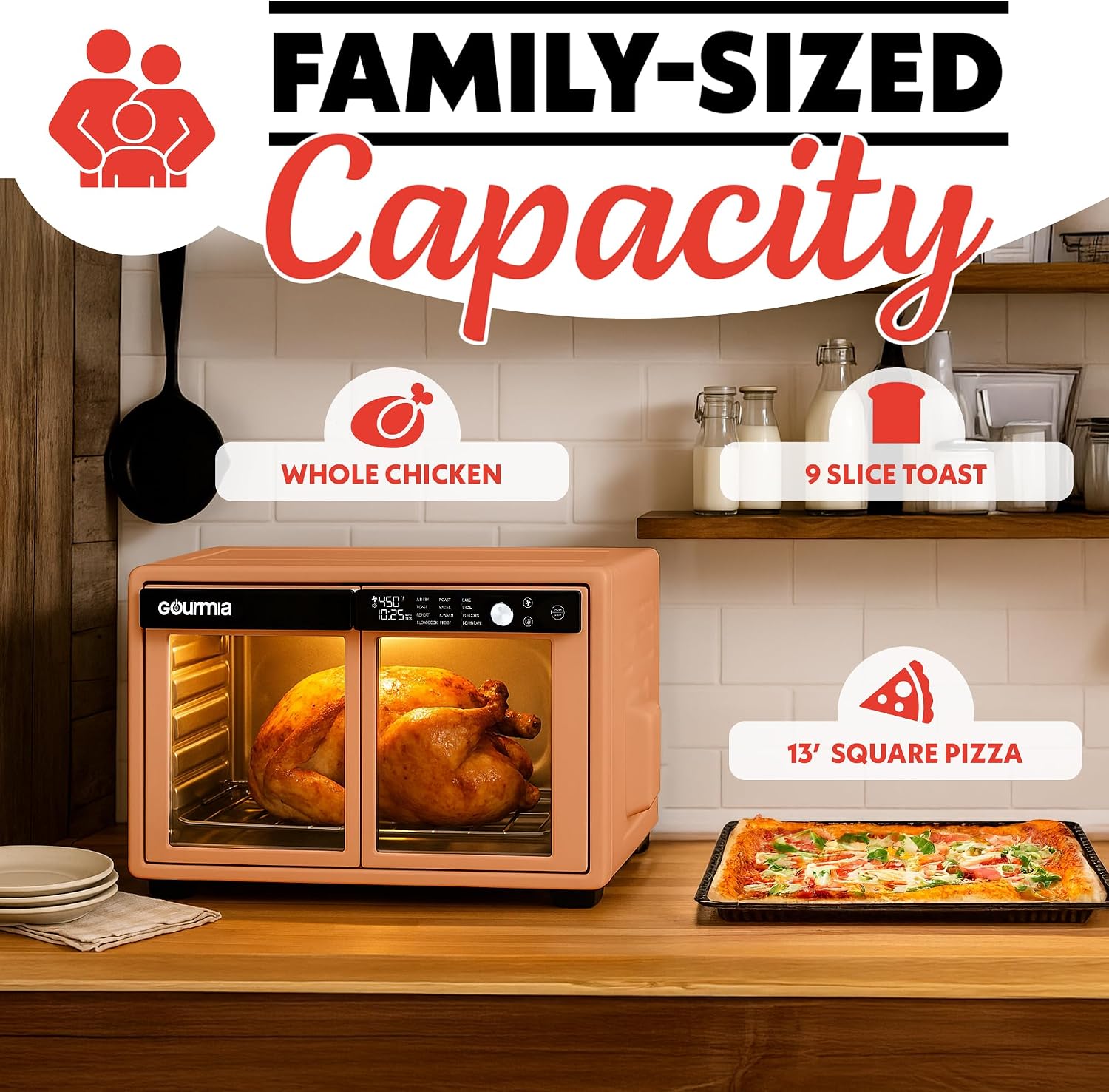 Gourmia French Door Air Fryer Oven - 37 Qt Large Capacity Convection Toaster Oven, FryForce 360°, Digital Display, 12 Cooking Presets, Dehydrate, Fits 13' Pizza, Dishwasher-Safe, Peach