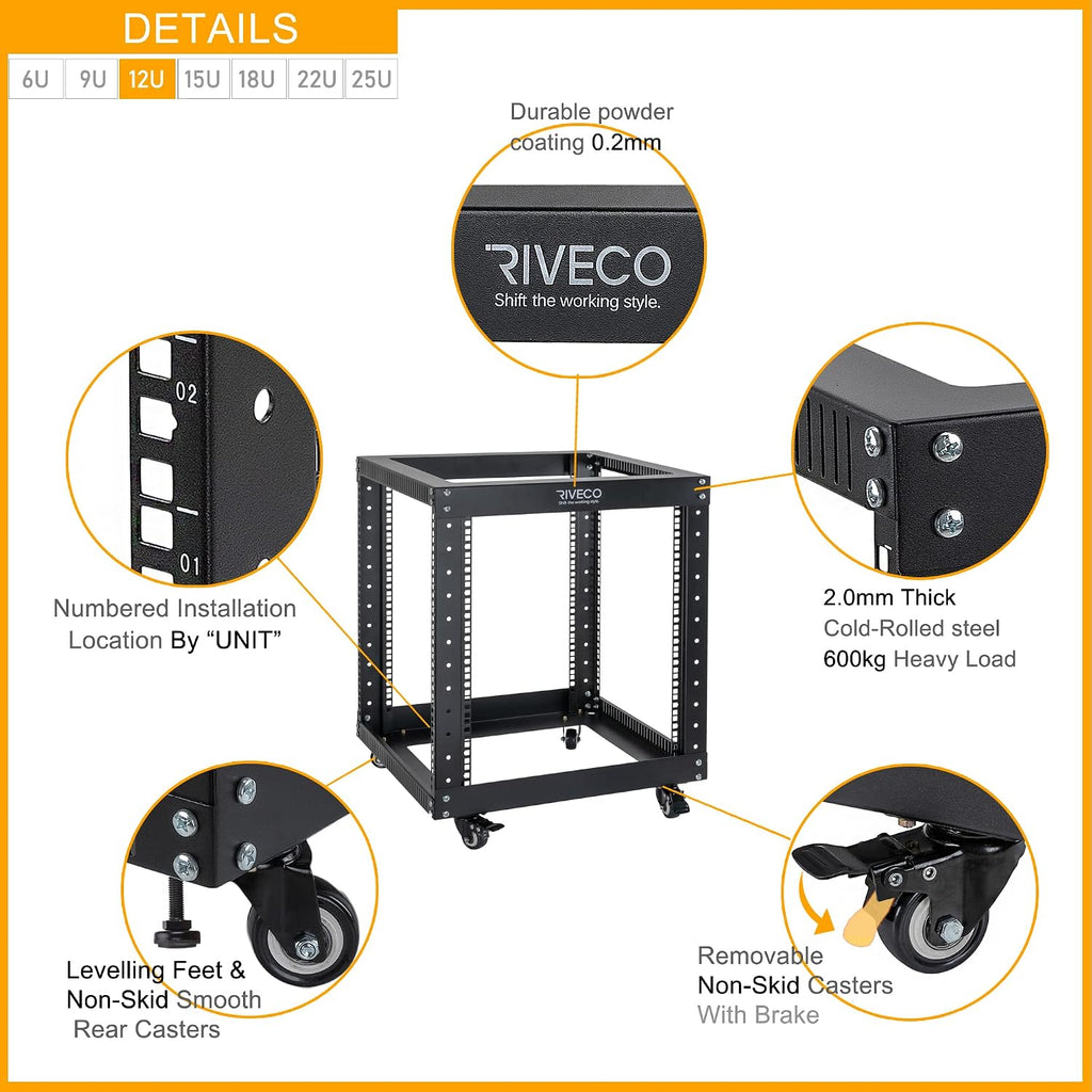 12U Server Rack Open Frame with Casters-RIVECO 4 Post Quick Assembly 19-inch, Data Rack Network Shelf Cabinet Heavy Duty Black