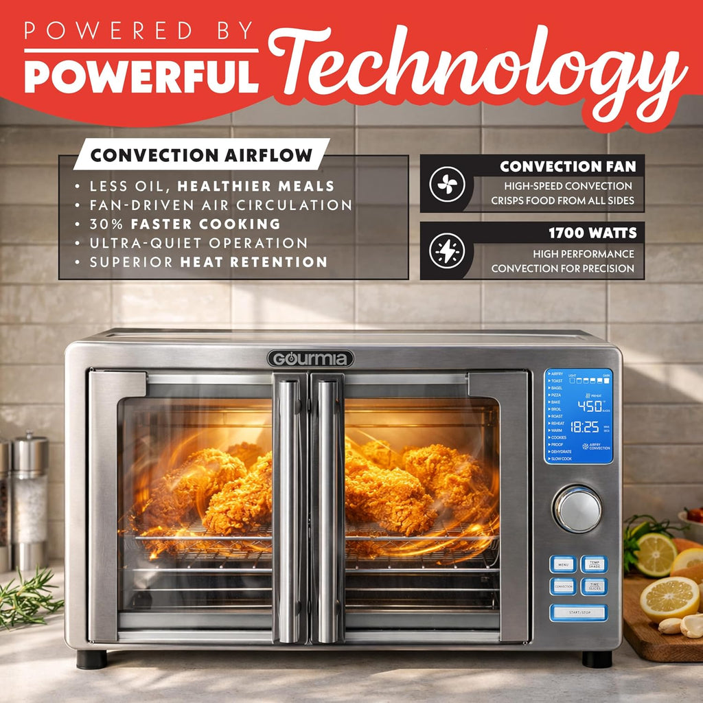 Gourmia Air Fryer French Door Toaster Oven - 6-Slice Capacity, LED Display with 14 Cooking Presets, Stainless Steel