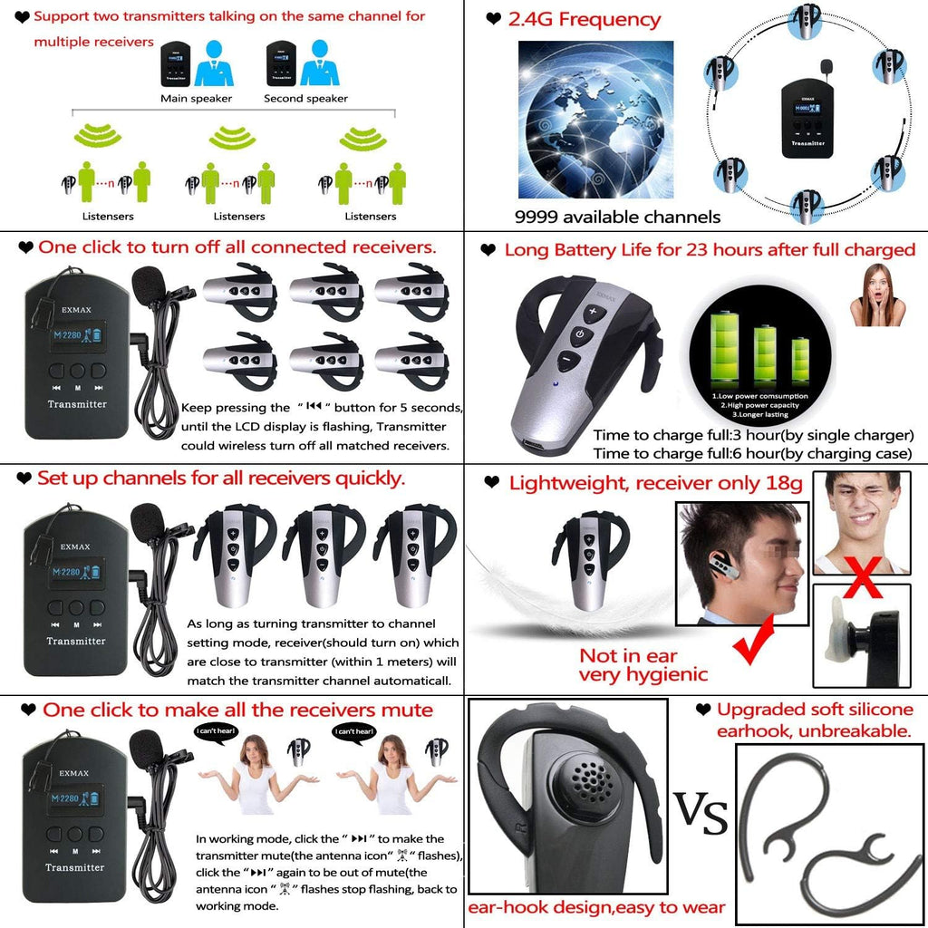 EXMAX EXD-6824 Wireless Tour Guide System Audio Transmission Kit Church Translation Translator in Ear 9999 Channels for Listening Teaching Traveling Museum Conference - 2 Transmitters 20 Receiver Case
