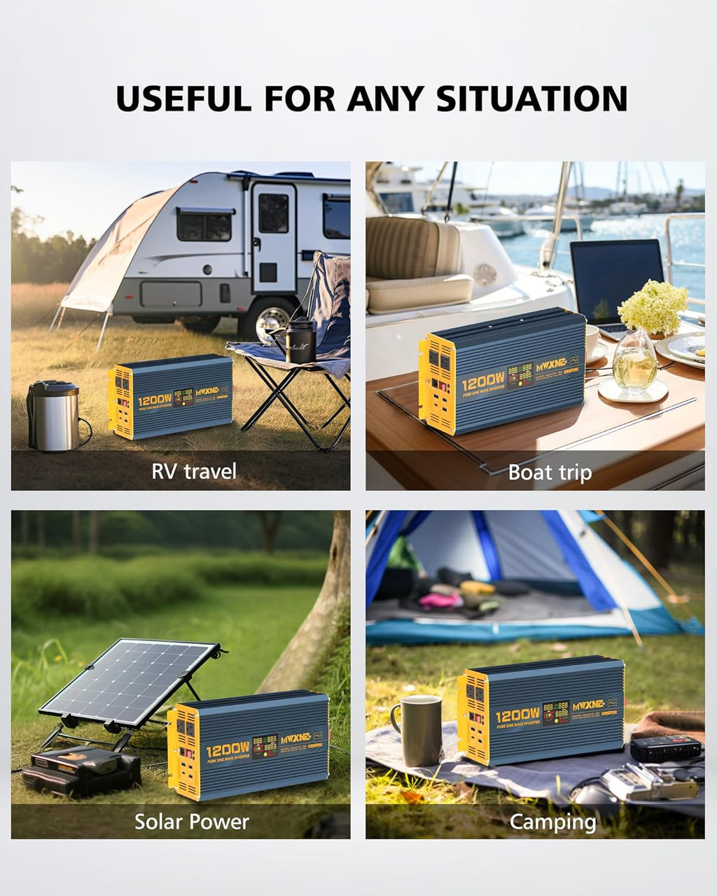 1200 Watt Pure Sine Wave Power Inverter DC 12V to 110V AC Converter with Dual AC Outlets, PD60W/QC3.0 Fast Charging USB Ports, Car Solar Inverter with LCD Display for Home RV Truck