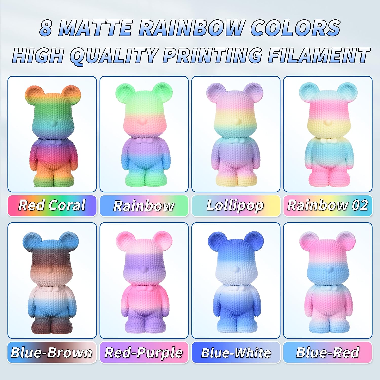 PINBALL Matte Rainbow PLA 3D Printer Filament 1.75mm Multi-Color Changing Filament 3D Printing PLA Filament Dimensional Accuracy +/- 0.02mm 8 KG 8 Colors