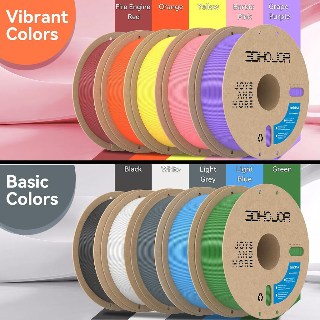 3DHoJor Basic PLA 3D Printer Filament Bundle,10KG PLA Filament 1.75mm, 3D Filament 1KG Spool, 10 Pack,Black+White+Fire Engine Red+Green+Light Blue+Orange+Grape Purple+Yellow+Light Grey+Barbie Pink