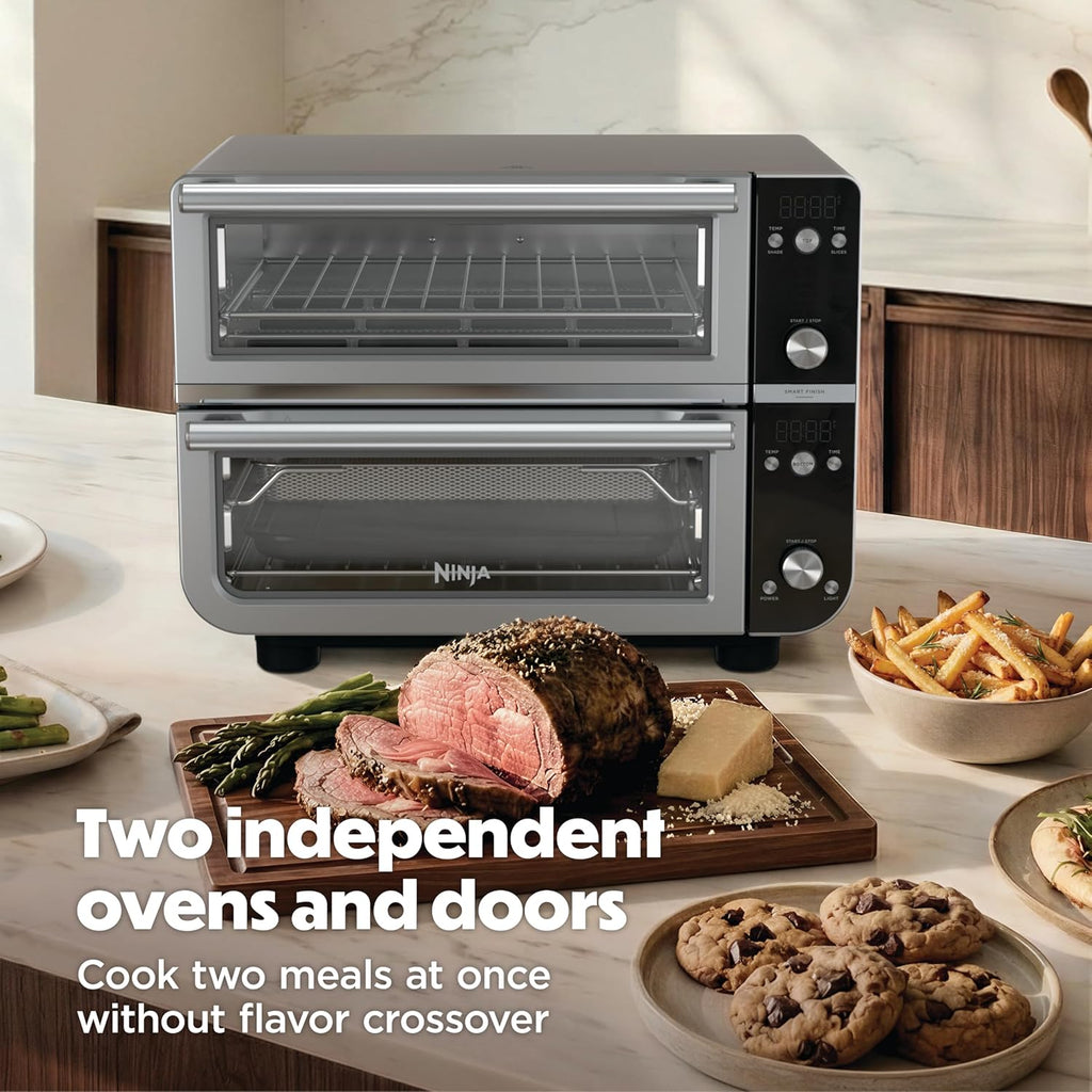 Ninja Double Oven Pro Smart XL Countertop Oven & Air Fryer | 30.2 Qt Capacity | 12-in-1 with Smart Finish & DualZone Tech to Cook 2 Meals at Once | Fits up to 4.5lb Chicken | Stainless Steel | DCT801