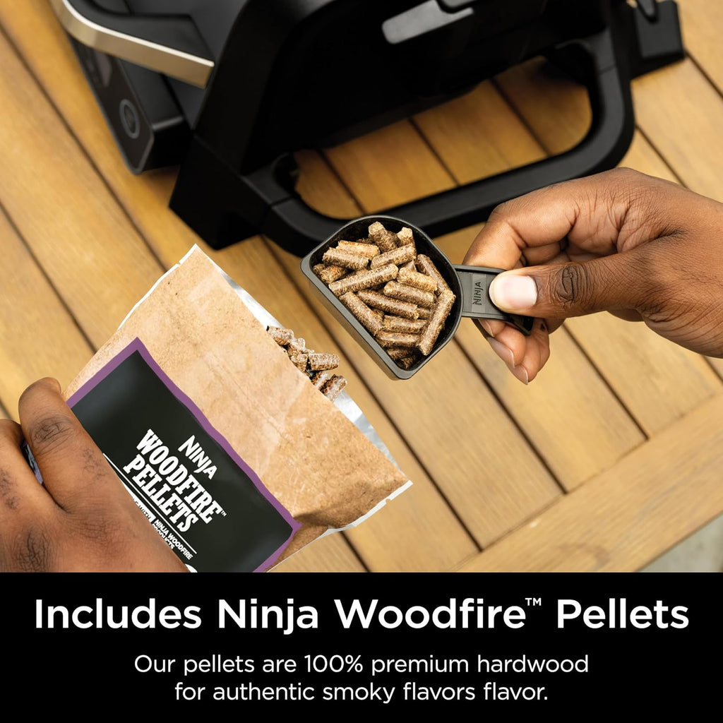 Ninja | Woodfire Series | 7-in-1 (Grill, BBQ, Roast, Air Fry, Dehydrate, Broil, Smoke) | Portable & Weather Resistant | Cook Up To 6 Steaks & 30 Hot Dogs | Woodfire Pellets included | OG701
