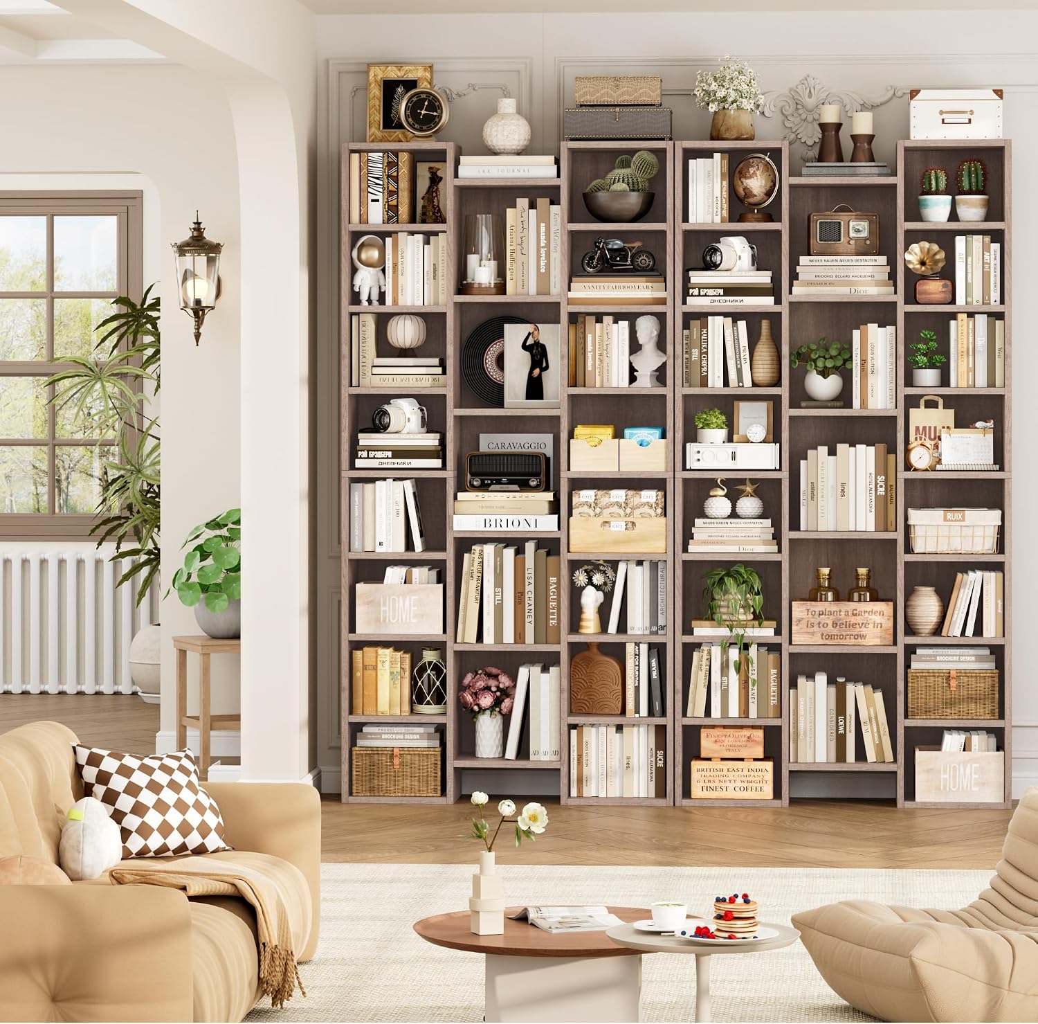 FOTOSOK 71'' Tall Bookshelf with 21 Cubes, 8 Tier Triple Wide Bookshelf with 8 Adjustable Shelves, 35' Large Bookcase DVD/CD Media Tower Storage, Freestanding Display Shelf Cabinet, Oak