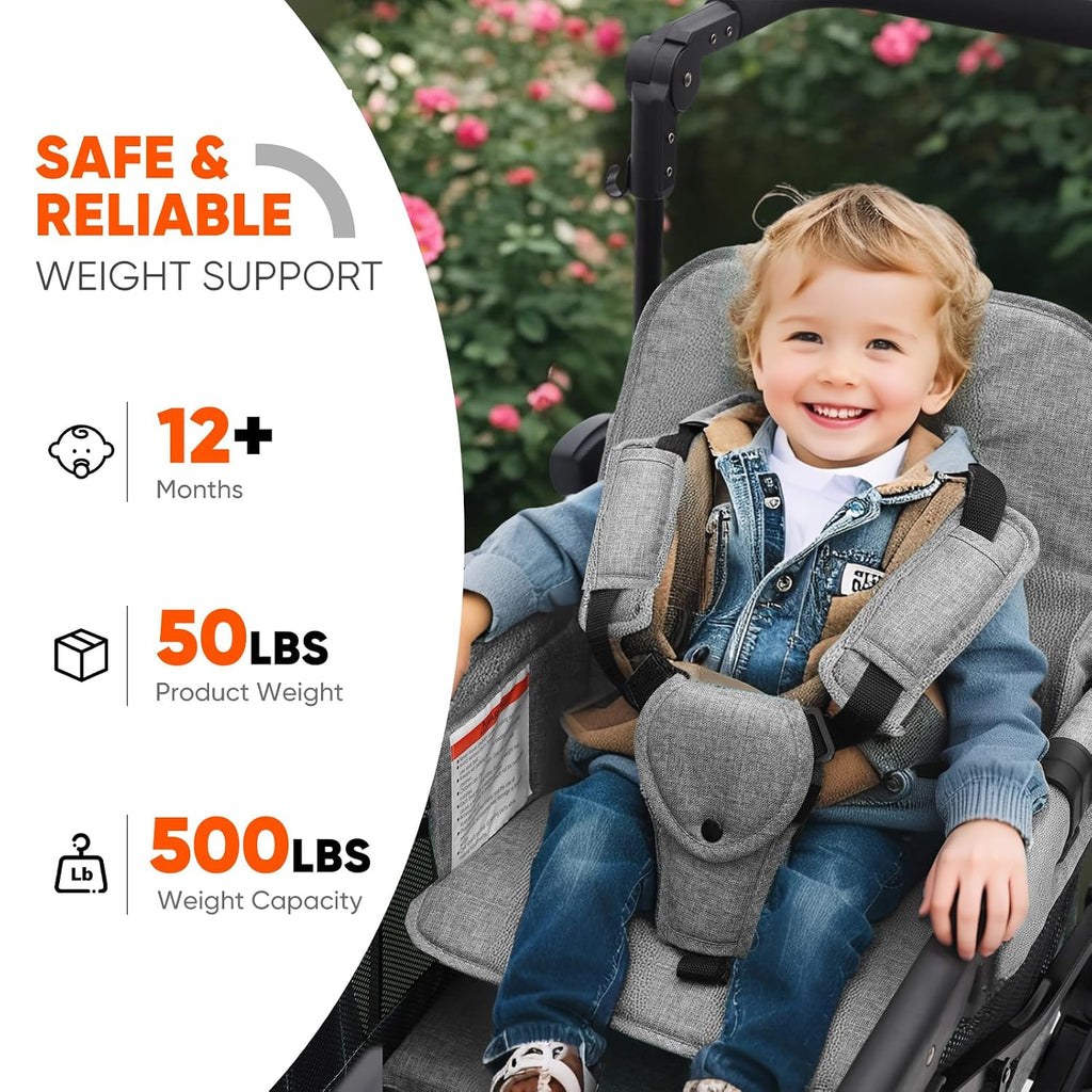 Sekey Wagon Stroller for 2 Kids, Luxury 4-in-1 Stroller Wagon - Premium Quality with Convertible Seats, Adjustable Push Handles, Removable Canopy, Snack Tray & Cooler, US Certified. Gray