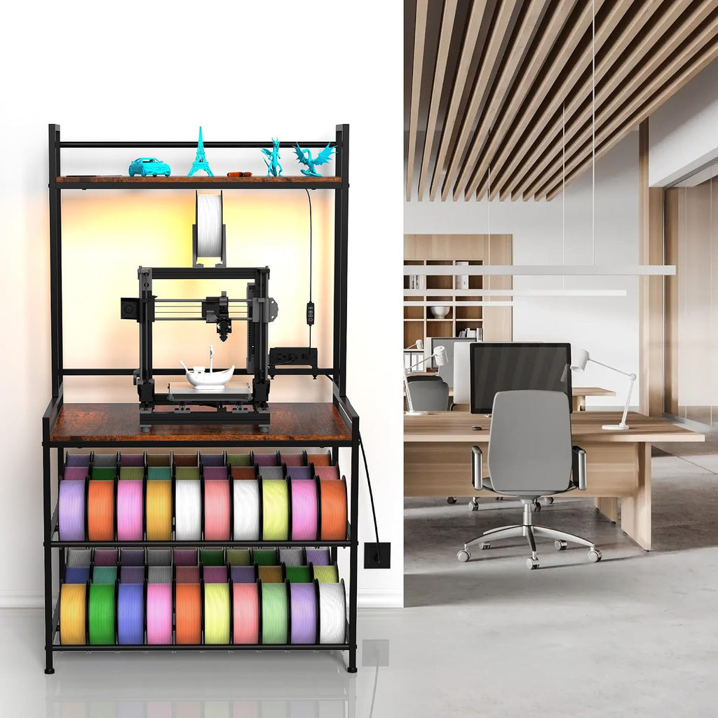 3D Printer Stand with Filament Storage, 3D Printer Table with LED Light and Display Shelf Rack, Heavy Duty Printer Desk Filament Storage Rack for Workshop Offices and Studios(Black)