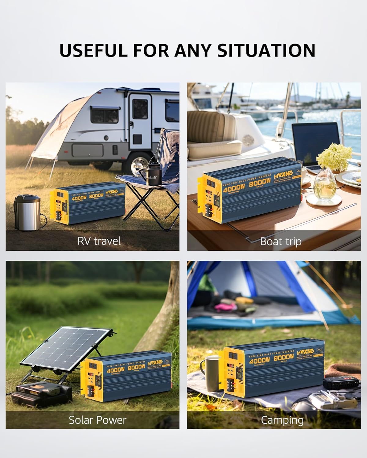 4000W Pure Sine Wave Power Inverter DC 24V to AC 110V 120V for Home RV with Dual AC Outlets 1 USB-C(60W) 3 USB-QC3.0 Fast Car Charger Adapter, LCD Display and Remote Control