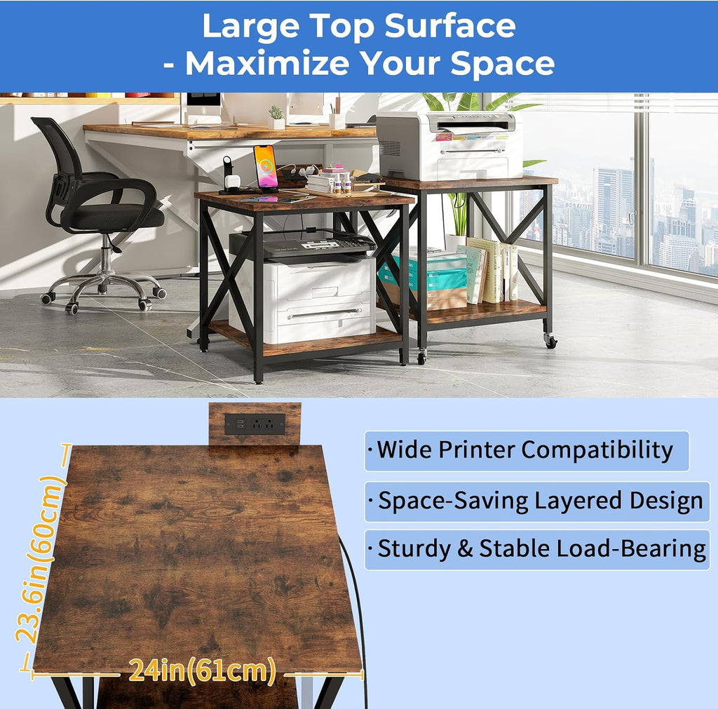 METYERRY Large Printer Stand with Power Outlet, with Storage Shelf, 2 Tier Rolling Printer Cart with Industrial Wheels, 23.6 x 23.6 Inches Printer Table for Home Office,Rustic Brown