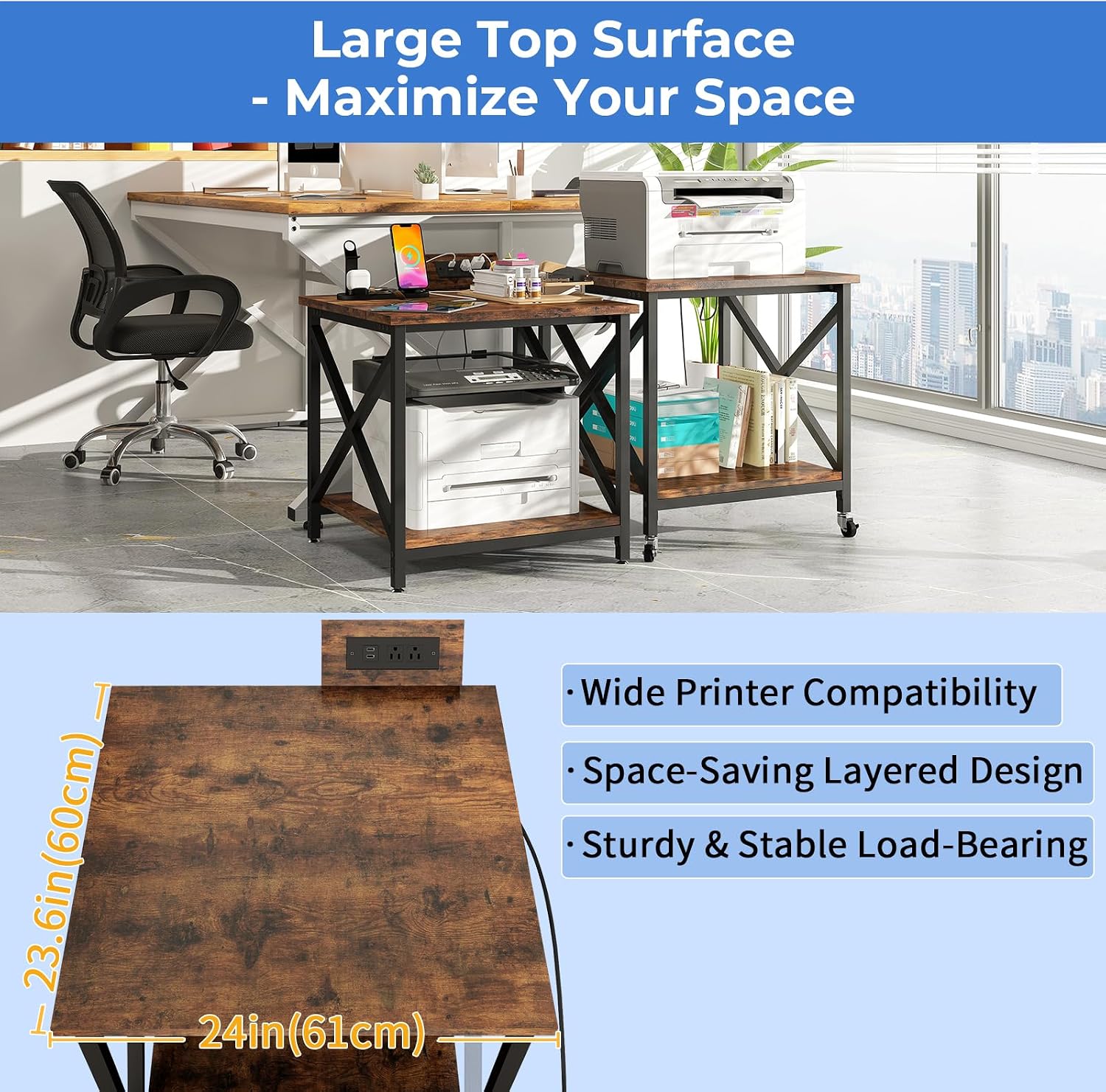METYERRY Large Printer Stand with Power Outlet, with Storage Shelf, 2 Tier Rolling Printer Cart with Industrial Wheels, 23.6 x 23.6 Inches Printer Table for Home Office,Rustic Brown
