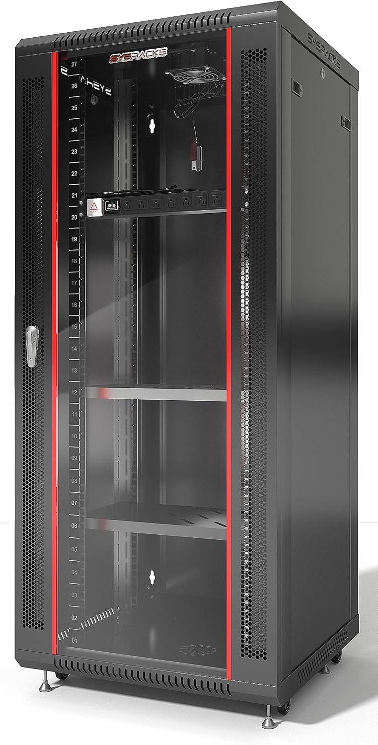 27U Wall Mount Server Rack Cabinet, 19' Locking Network Rack, 24' Deep, Glass Door, with Fan, PDU and Shelf