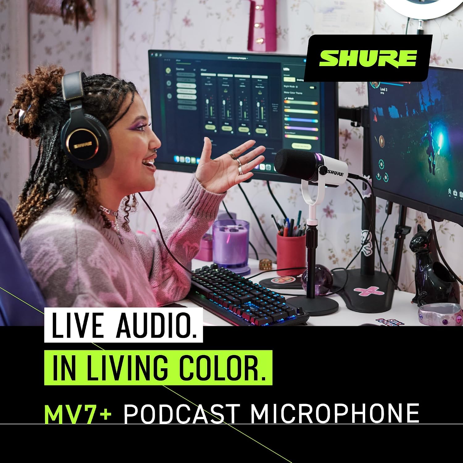 Shure MV7+ Dynamic Microphone – USB-C & XLR Podcast Mic for Streaming, Recording & Broadcasting, OBS Certified, Auto Level Mode, Digital Pop Filter, LED Panel, White