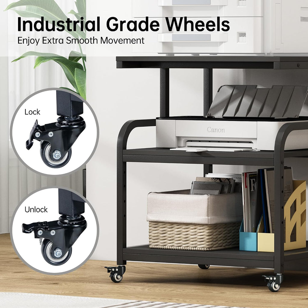 Fannova 25.6' x 23.6' Extra Large Printer Stand Table with Adjustable Storage Shelf, 3 Tier Rolling Printer Cart with Industrial Wheels for Home Office, Black