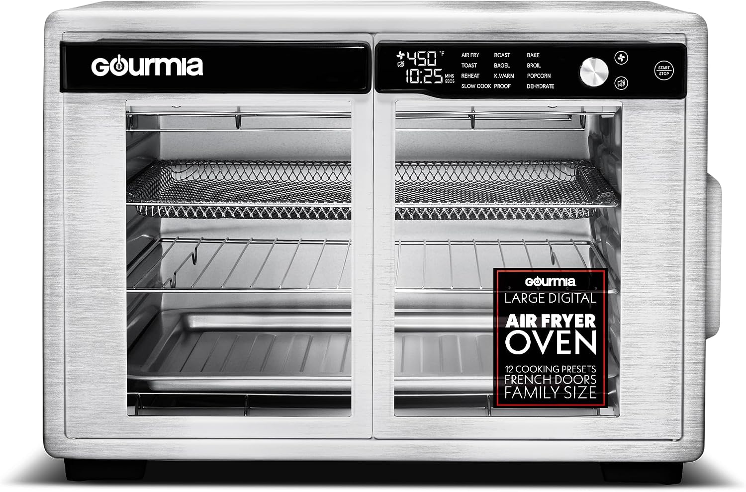 Gourmia French Door Air Fryer Oven - 37 Qt Large Capacity Convection Toaster Oven, FryForce 360°, Digital Display, 12 Cooking Presets, Dehydrate, Fits 13' Pizza, Dishwasher-Safe, Stainless Steel