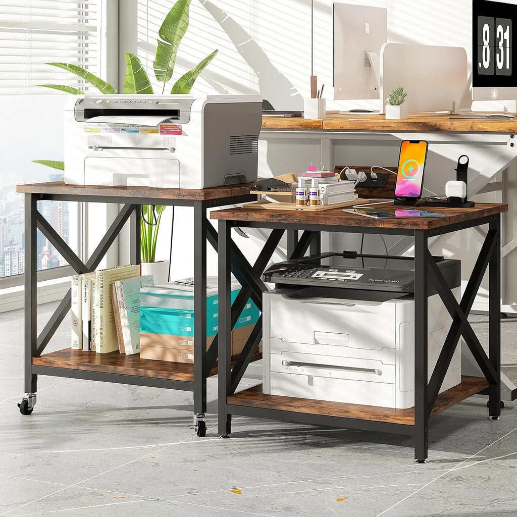 METYERRY Large Printer Stand with Power Outlet, with Storage Shelf, 2 Tier Rolling Printer Cart with Industrial Wheels, 23.6 x 23.6 Inches Printer Table for Home Office,Rustic Brown