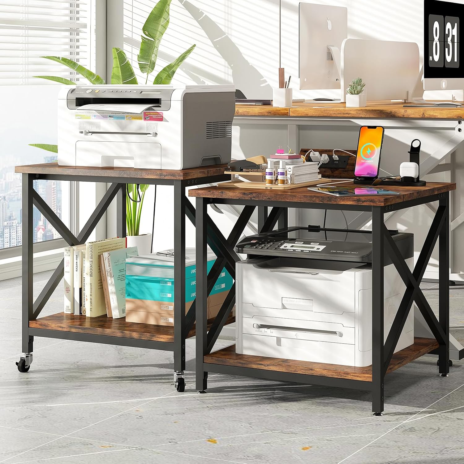 METYERRY Large Printer Stand with Power Outlet, with Storage Shelf, 2 Tier Rolling Printer Cart with Industrial Wheels, 23.6 x 23.6 Inches Printer Table for Home Office,Rustic Brown