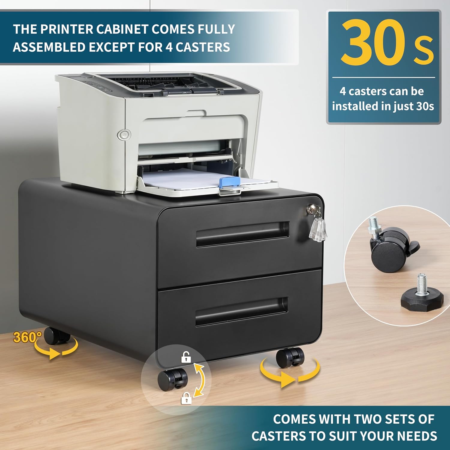 Under Desk Printer Stand with Storage – 2-Drawer Printer Table for Home & Office, Mobile Printer Cart with 2 Sets of Casters and Lockable Drawers, 4 Keys, Black