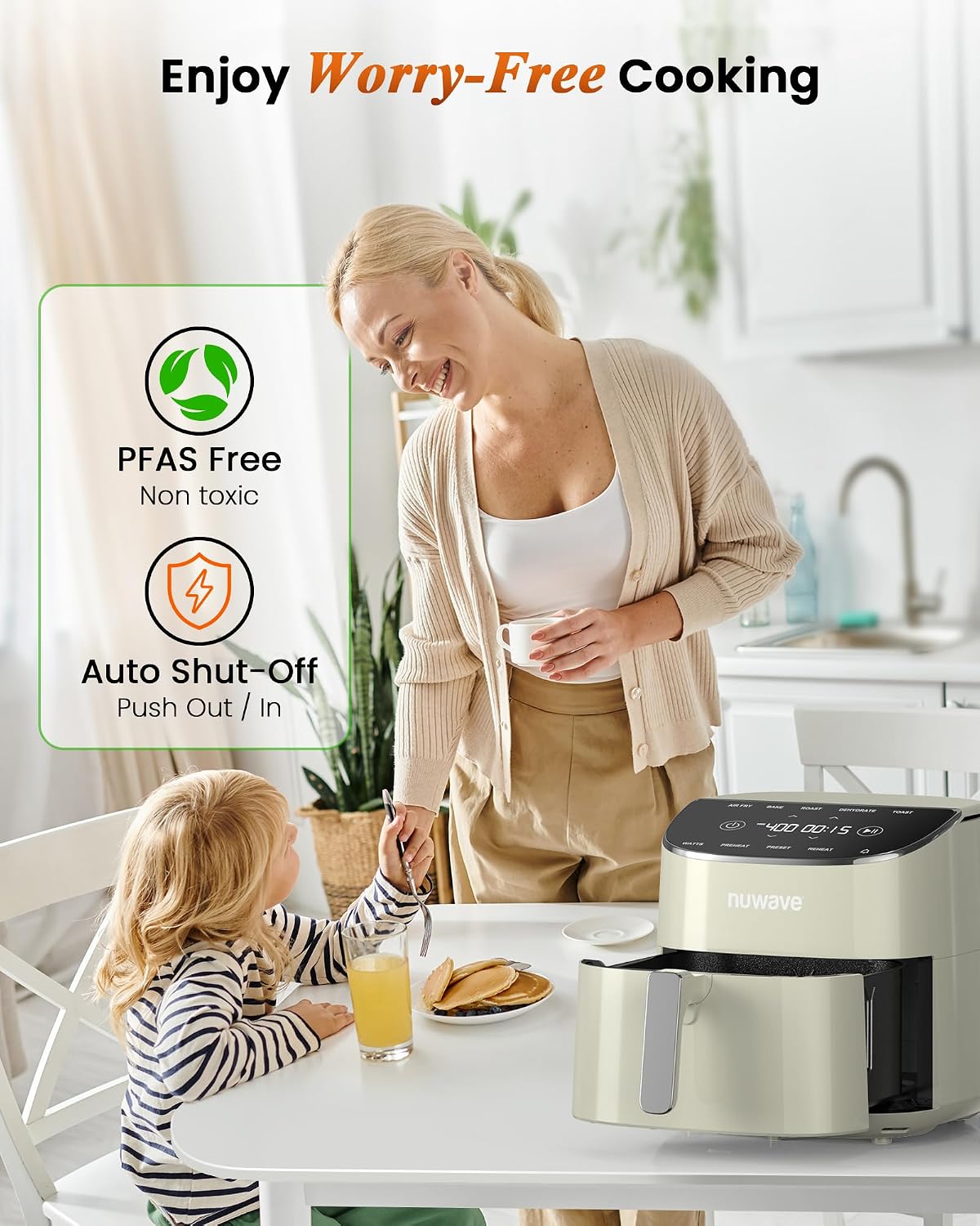 Nuwave Brio Plus Air Fryer 8 Qt, New & Improved, PFAS-FREE, 7 Digital One-Touch Cook Functions that AIR FRY, BAKE, ROAST, DEHYDRATE, TOAST, REHEAT, PREHEAT, 150 Presets, 50°F~400°F (Cream)