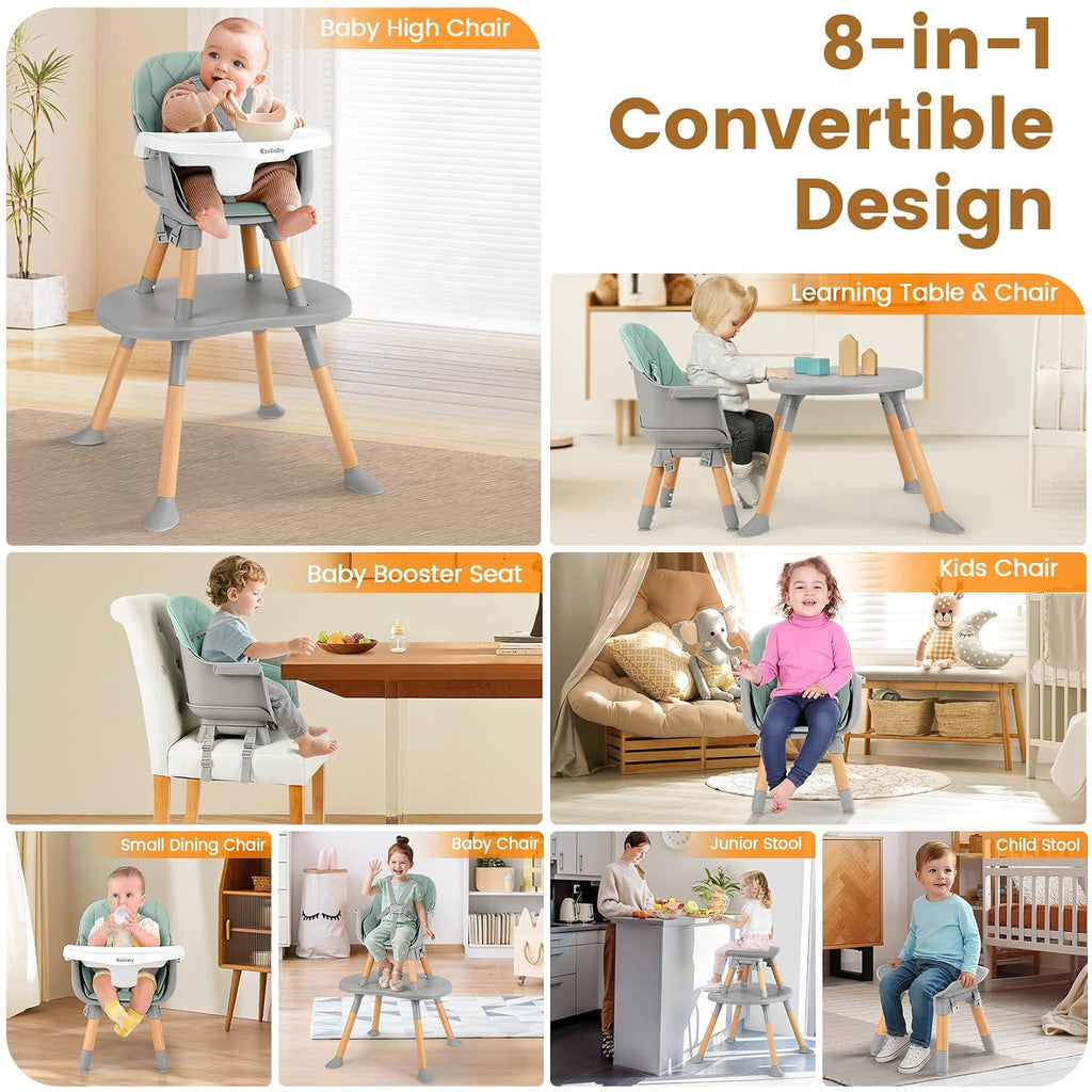 Ezebaby Convertible Baby High Chair with Table & Seat, 8-in-1 Adjustable Toddler Feeding Chair, Multi-Stage Infant to Kid Dining Booster Seat with Safety Harness, Easy to Clean & Sturdy Design(Green)