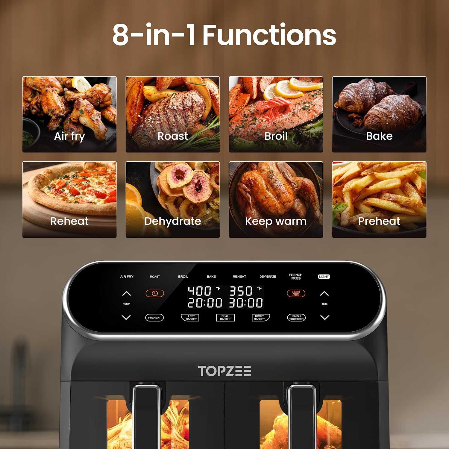 Topzee 8QT Dual Basket Air Fryer – Large 8-Quart Air Fryer with Independent Temperature Control, 8 Preset Functions, Match & Finish Together Mode, Clear Viewing Windows, Black