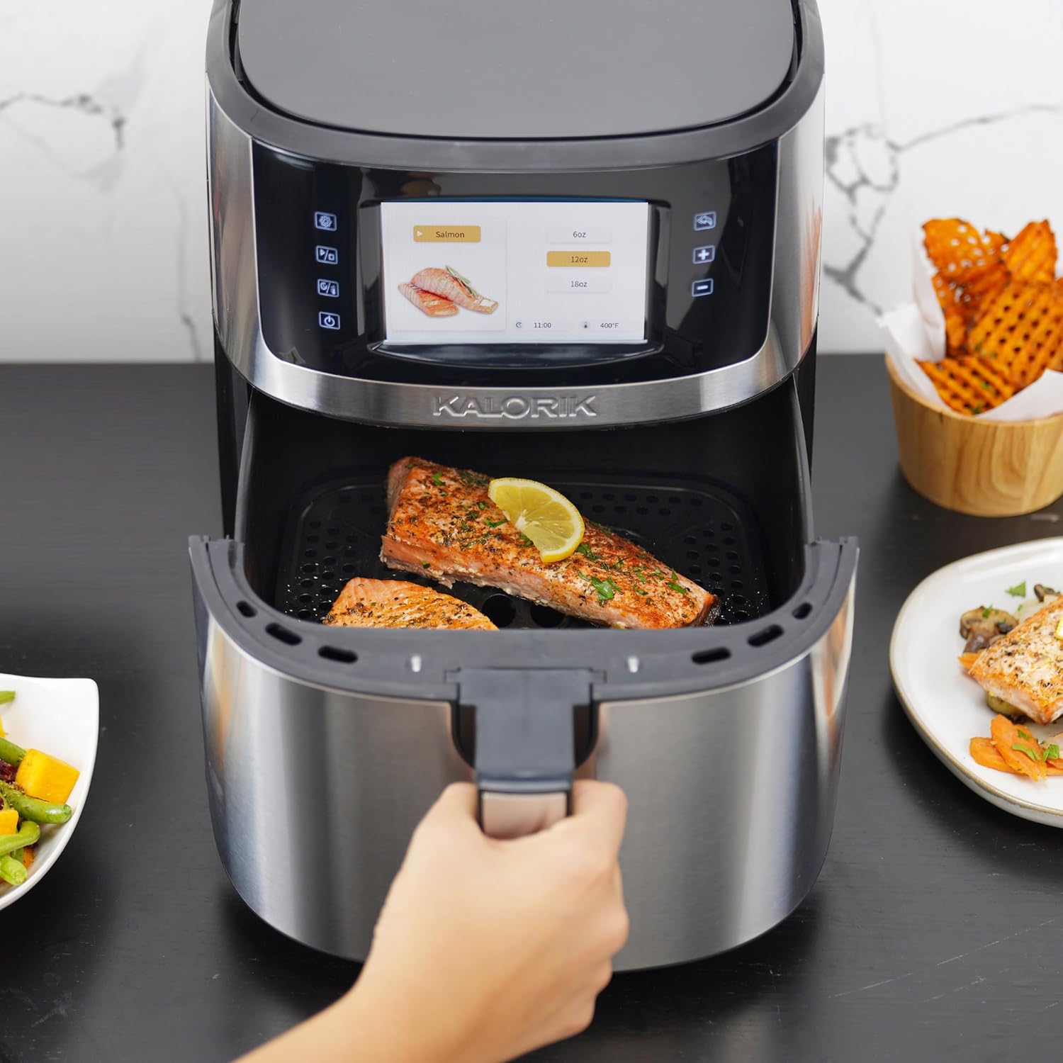 Kalorik Air Fryer VIVID Select Series, 7 Quart Capcity with Full Color Display and Touch Controls, 202 Presets in 12 Food Categories Includes Nonstick Basket & Trivet, 1500-Watts, Stainless Steel
