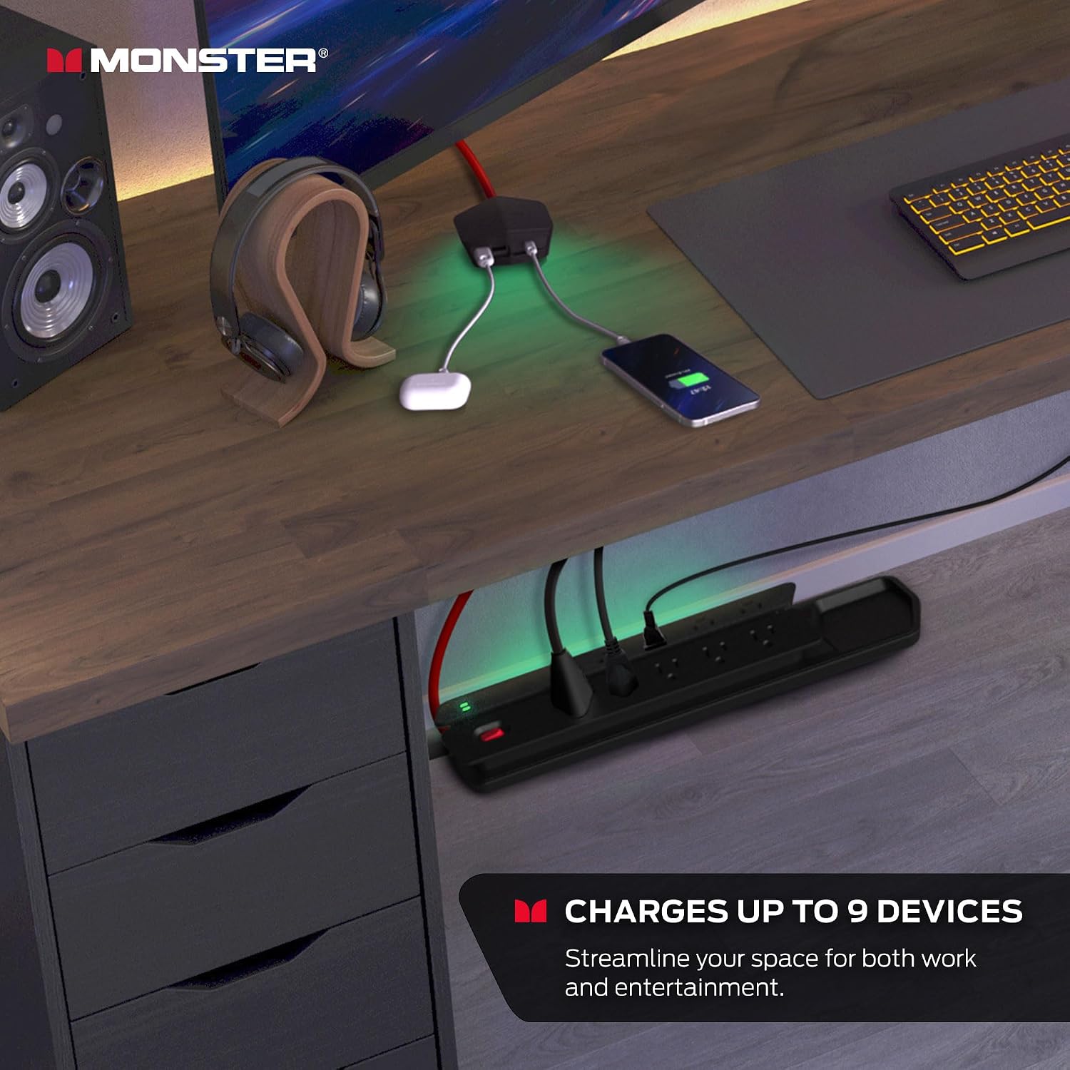 Monster Power Center Vertex XL Surge Protector With Detachable Power Strip, 10 AC Outlets, 2 USB-A Ports & 1 USB-C Port (20W)