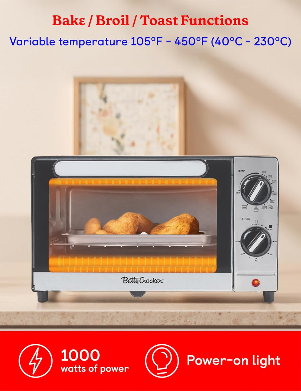 Betty Crocker 9L Toaster Oven, 2-Slice Toaster with Chrome Plated Front, Stainless Steel Handle, Bake, Broil & Toast Functions, Easy Control Dials, Includes Baking Pan & Rack, BC-5665B, Black/Silver