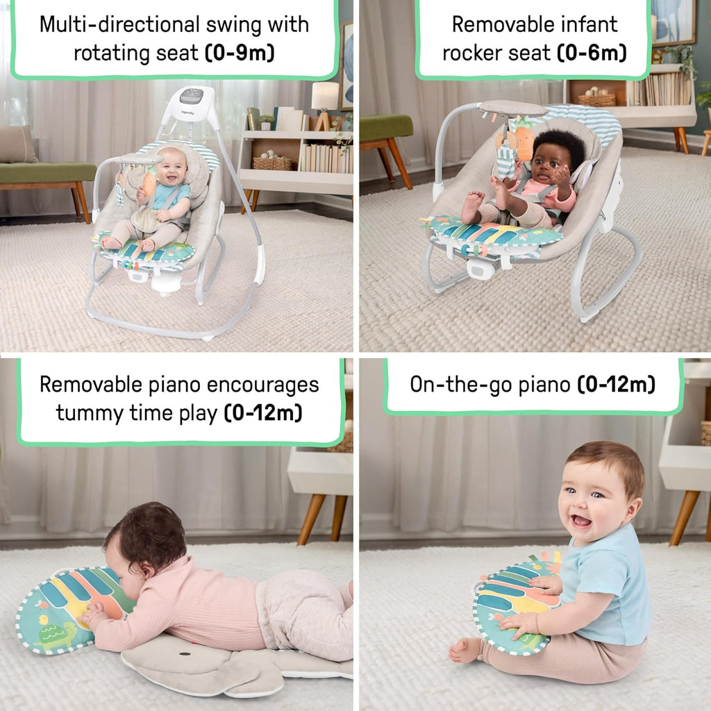 Ingenuity SimpleComfort Piano Playtime 4-in-1 Baby Swing & Rocker, Soothes & Grows with Baby, Rotating Seat Swings in 3 Directions, 6 Speeds & 12 Melodies, Removeable Rocker Seat, 0 Months to 2 Years