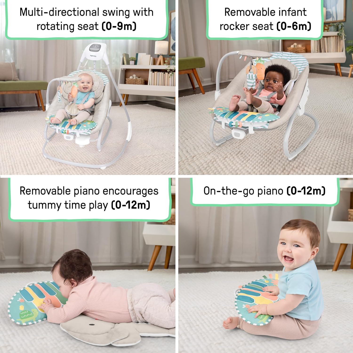 Ingenuity SimpleComfort Piano Playtime 4-in-1 Baby Swing & Rocker, Soothes & Grows with Baby, Rotating Seat Swings in 3 Directions, 6 Speeds & 12 Melodies, Removeable Rocker Seat, 0 Months to 2 Years