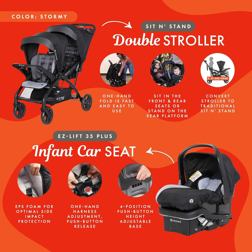 Baby Trend Double Stroller with 2 EZ-Lift Plus Infant Car Seats, Sit N' Stand, Stormy - Portable and Lightweight Stroller Duo and Car Seat Travel System Tandem