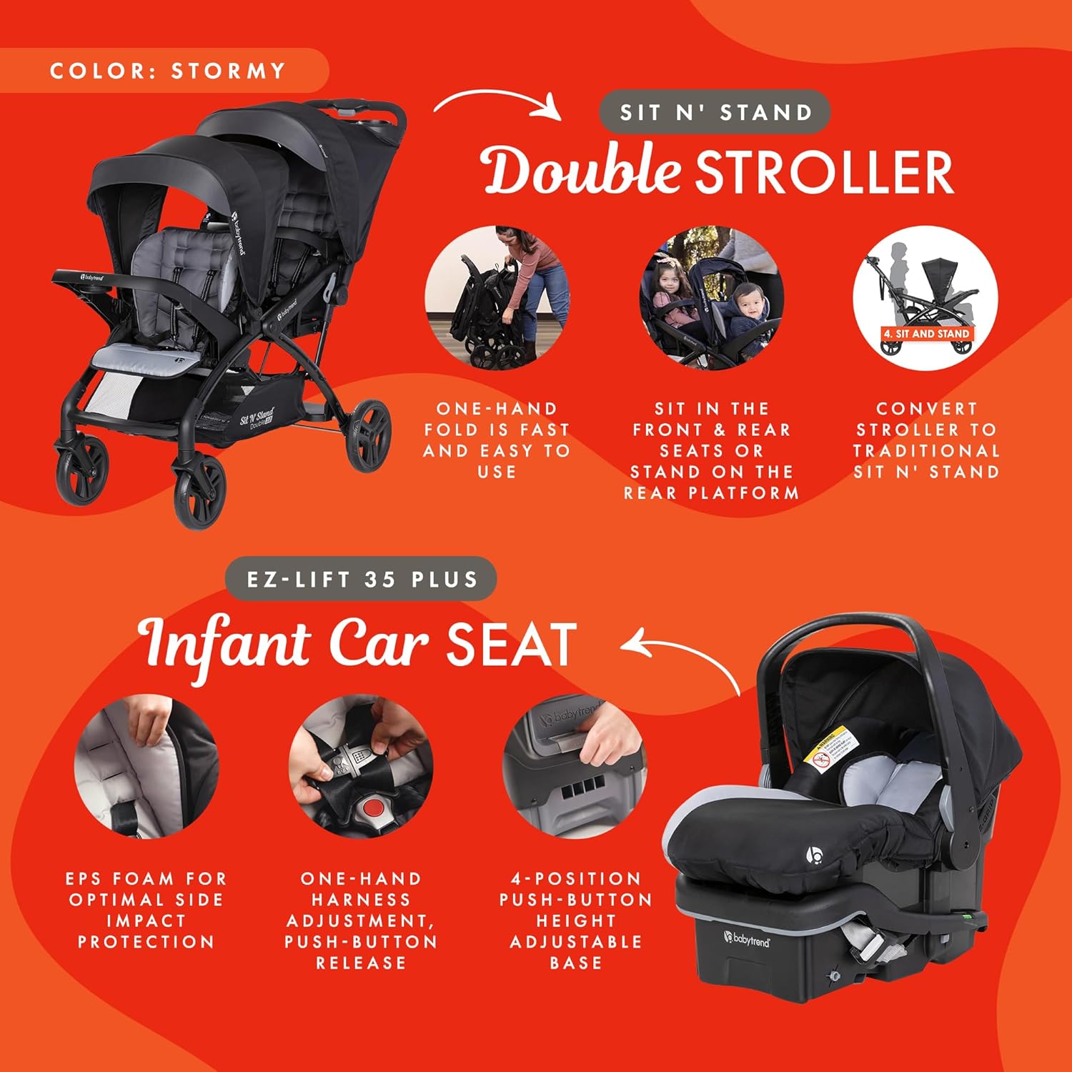 Baby Trend Double Stroller with 2 EZ-Lift Plus Infant Car Seats, Sit N' Stand, Stormy - Portable and Lightweight Stroller Duo and Car Seat Travel System Tandem