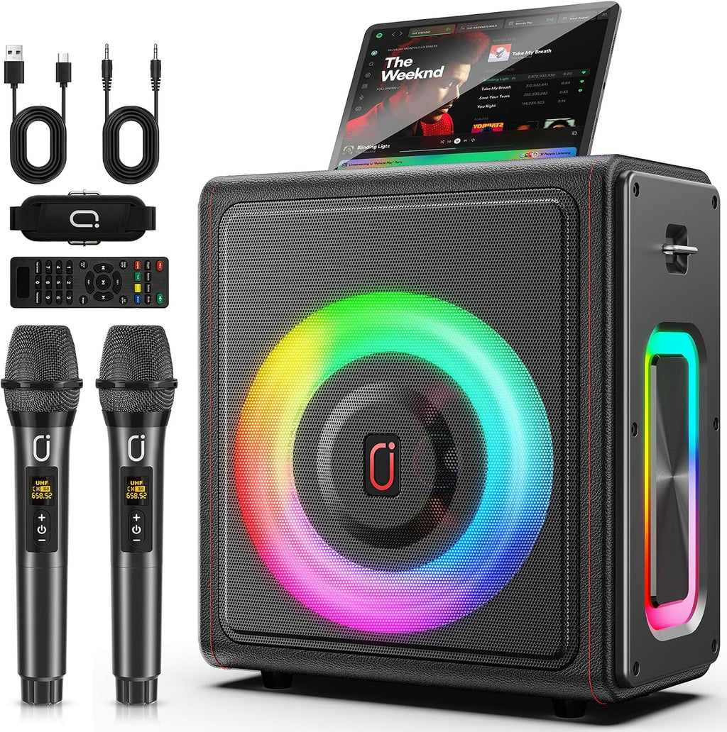 Karaoke Machine, Portable Bluetooth 5.3 Speaker with 2 Wireless Microphones for Adults, PA System with Pitch Correction & Echo Adjustment, Supports TWS/TF Card/USB/AUX/Live for Home Party (2MICS)
