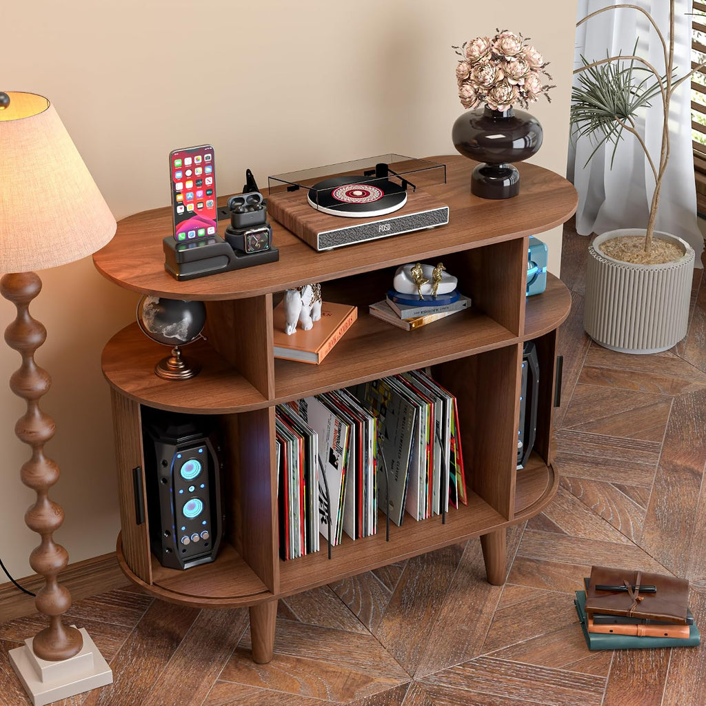 LUVIOHOME Large Round Record Player Stand with Charging Station & USB Ports，Record Storage Cabinet, Mid Century Modern Turntable Stand for Bedroom Living Room (Small Brown)