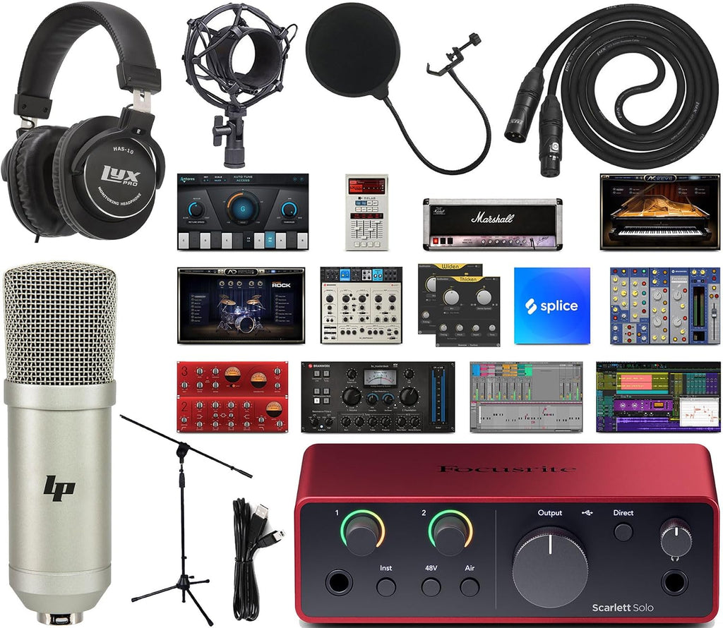 Focusrite Scarlett Solo 4th Gen 2-in/2-out USB-C Audio Interface Studio Bundle with Condenser Mic, HAS-10 Headphones, Shockmount, Stand, Pop Filter, XLR & USB Cables + Creative Production Software Kit