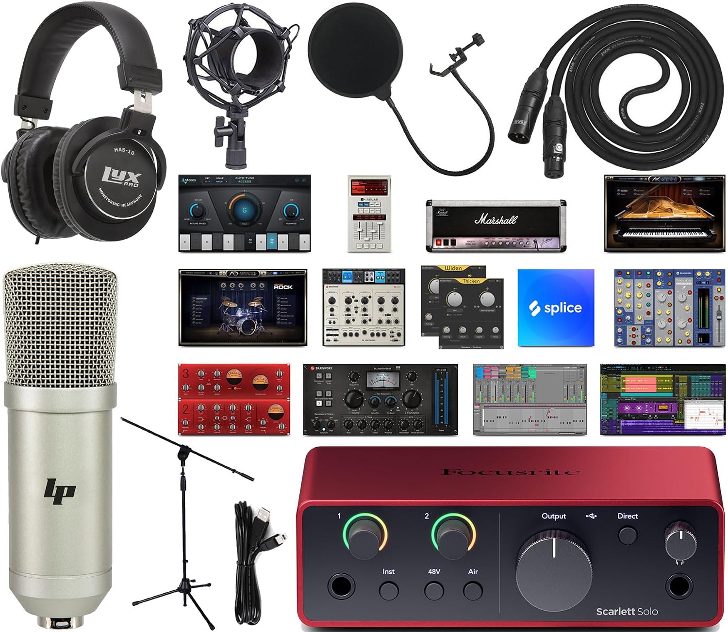 Focusrite Scarlett Solo 4th Gen 2-in/2-out USB-C Audio Interface Studio Bundle with Condenser Mic, HAS-10 Headphones, Shockmount, Stand, Pop Filter, XLR & USB Cables + Creative Production Software Kit